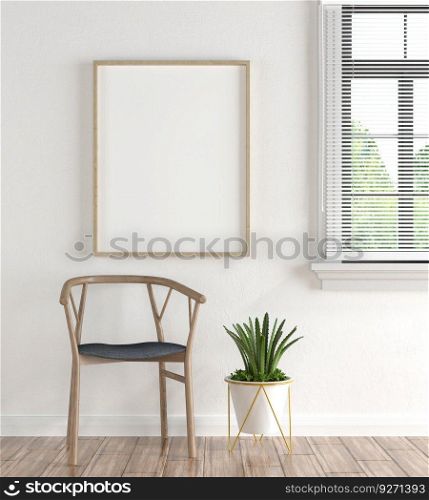 3D living room and chair with blank photo frame