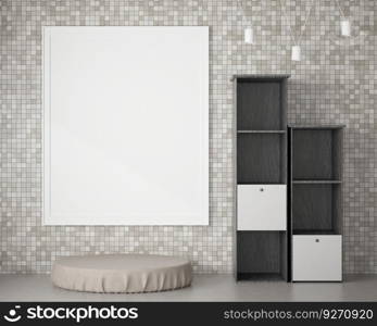 3D living room and furniture with blank photo frame