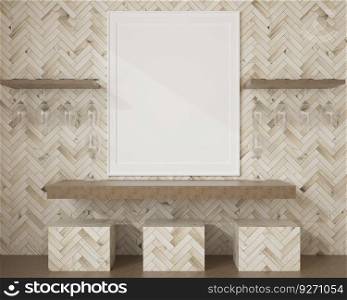 3D living room and furniture with blank photo frame