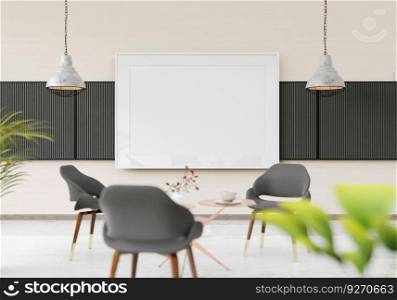 3D living room and sofa with blank photo frame