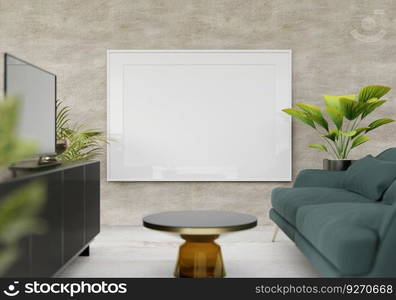 3D living room and sofa with blank photo frame