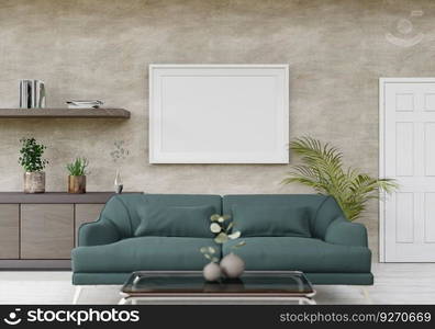 3D living room and sofa with blank photo frame