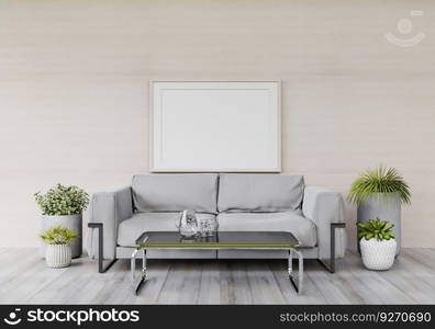 3D living room and sofa with blank photo frame