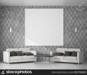 3D living room and sofa with blank photo frame