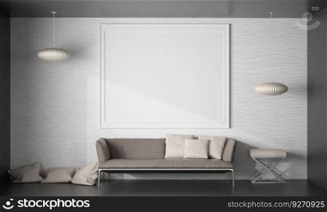 3D living room and sofa with blank photo frame