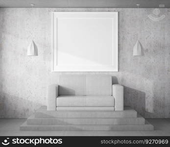 3D living room and sofa with blank photo frame