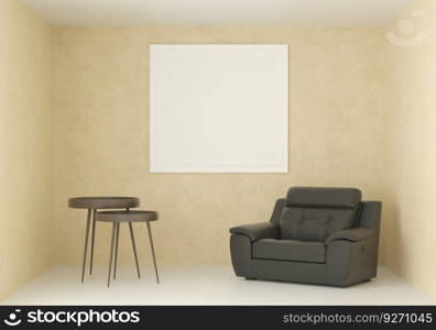 3D living room and sofa with blank photo frame