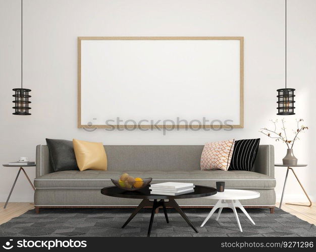 3D living room and sofa with blank photo frame