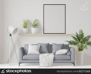 3D living room and sofa with blank photo frame