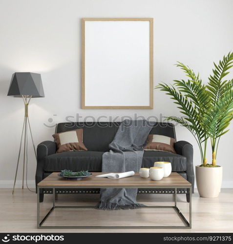 3D living room and sofa with blank photo frame