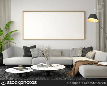 3D living room and sofa with blank photo frame