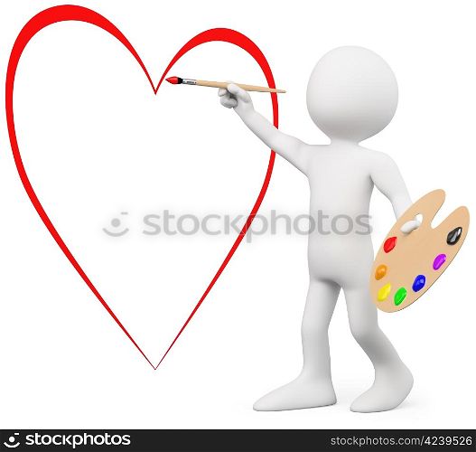 3D lover painting a heart on a wall. Rendered at high resolution on a white background with diffuse shadows.