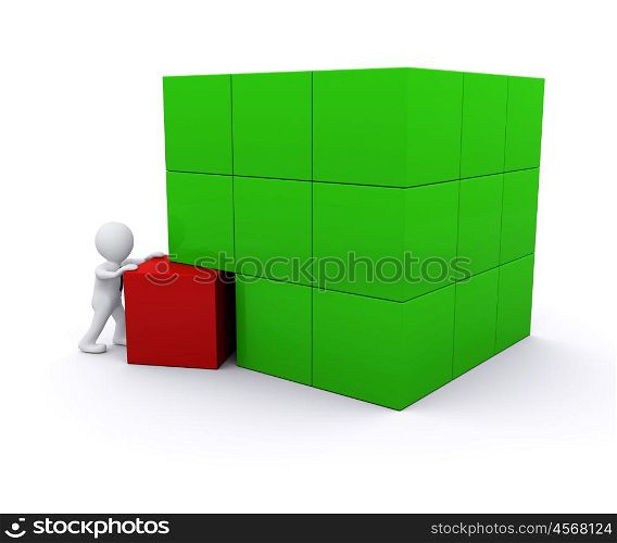 3D man building big cube with blocks