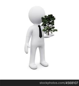 3D man holding green tree as symbol of ecology