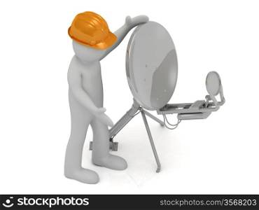 3d man in an orange helmet adjusts the satellite dish on a white background
