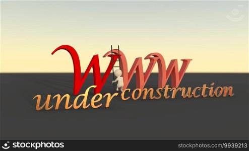 3d man is climbing stairs in front of www letters. Under construction 3d text - 3d rendering. 3d man is climbing stairs in front of www letters. Under construction 3d text.