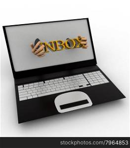3d man shows inbox text through laptop concept on white background, front angle view