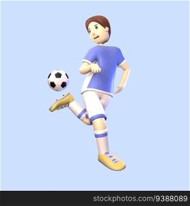 3D man soccer player rendered illustration isolated on the blue background. Simple and elegant juggling soccer player objects for your design.
