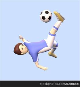 3D man soccer player rendered illustration isolated on the blue background. Simple and elegant kicking soccer player objects for your design.