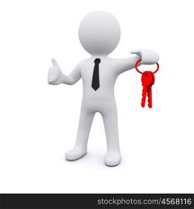 3D man standing and holding red keys