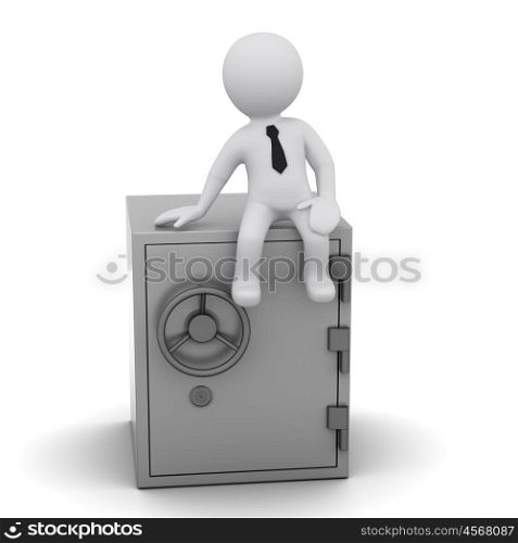 3D man wearing a tie sitting on a safe
