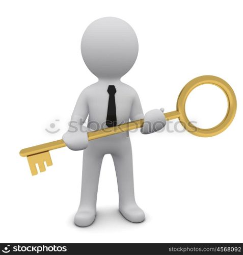 3D man wearing tie and holding gold key