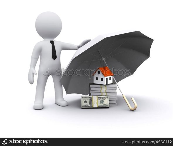 3D man with umbrella protecting financial investments