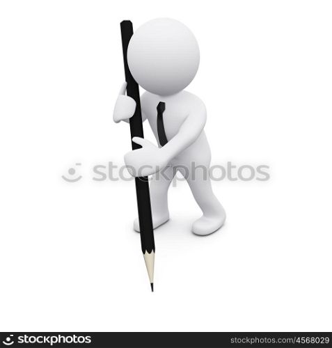 3D man writing with a big black pencil