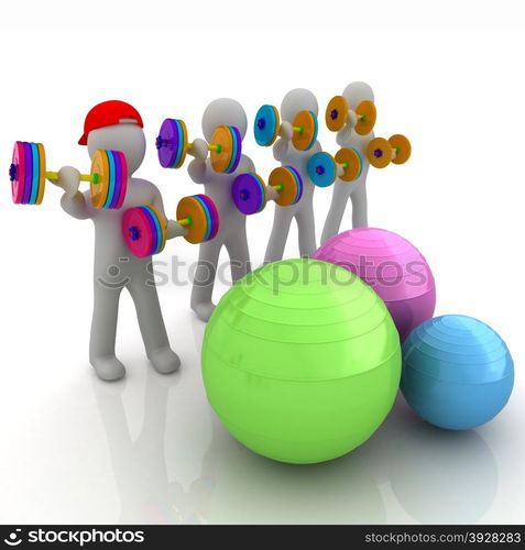 3d mans with fitness balls and dumbells