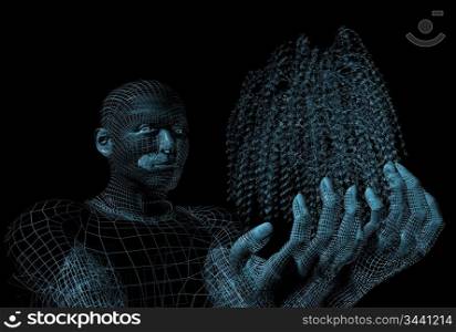 3d men grow tree abstract wire