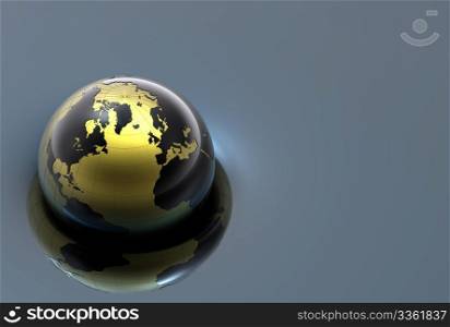 3d metal globe on a reflective black ground