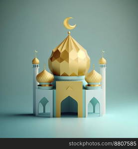 3d miniature illustration of a mosque with golden glowing dome