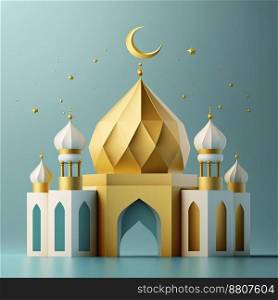 3d miniature illustration of a mosque with golden glowing dome