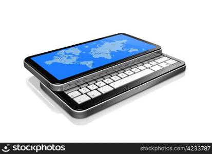 3D mobile phone, pda isolated on white with worldmap on screen. 2 clipping path : one for the phone and one for screen.. 3D mobile phone, pda isolated on white with worldmap on screen
