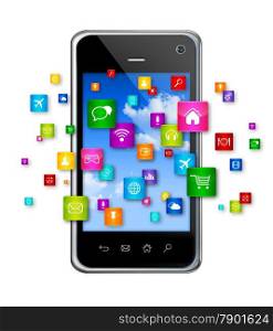 3D Mobile Phone with flying apps icons - isolated on white. Mobile Phone and flying apps icons