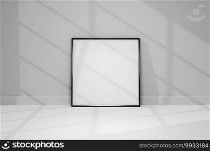 3d Mockup black frame photo on wall with shadows.
