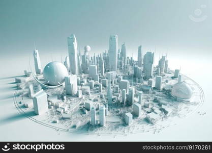 3D model of a city with futuristic architecture, high rise buildings, and a planet, all in one view by generative AI 