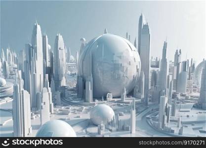 3D model of a city with futuristic architecture, high rise buildings, and a planet, all in one view by generative AI 
