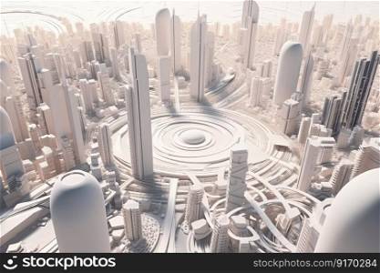 3D model of a city with futuristic architecture, high rise buildings, and a planet, all in one view by generative AI 