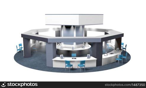 3D model of a kiosk for sales in an octagonal fair with chairs for customers and vendors on a circular carpet. Stand in gray colors on white background. With spaces for publicity. 3D rendering