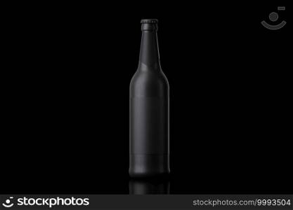 3D model of matt dark grey beer bottle with cap and label against black background. Reflection on bottom, copy space.