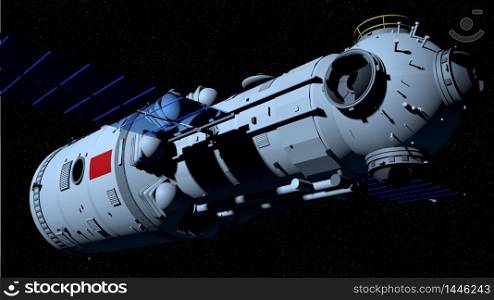 3D model of the TIANHE core module of the TIANGONG 3 - Chinese space station flying on black space with stars background. 3D Illustration. TIANHE core module of the TIANGONG 3 - Chinese space station flying on black space with stars background. 3D Illustration
