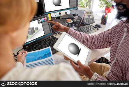 3d modeling, technology and creative people concept - designers with model in graphics editor on laptop screen, chart and tablet pc computer at office. designers with 3d models on laptop and tablet pc