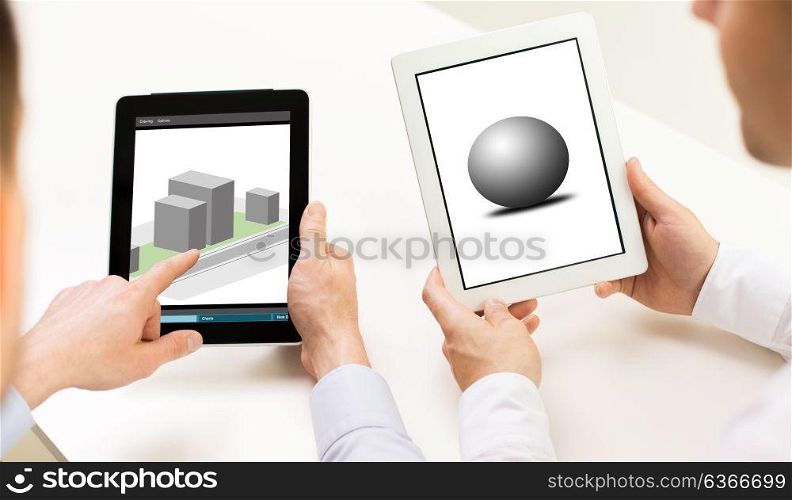 3d modeling, technology, computer graphics and design concept - close up of designers hands with objects on tablet pc screen. designers with 3d models on tablet pc screens