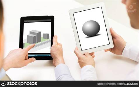3d modeling, technology, computer graphics and design concept - close up of designers hands with objects on tablet pc screen. designers with 3d models on tablet pc screens