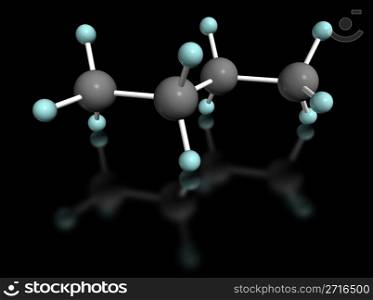 3D molecular model of butane on black background
