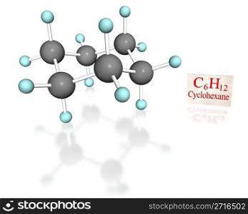 3D molecular model of cyclohexane in chair conformation with label on white background