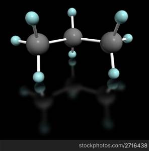 3D molecular model of propane on black background