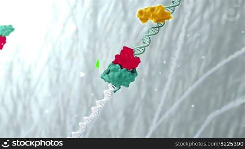 3d molecule of DNA consists of the collapsing of moving particles. Destroyed structure. Nanotechnology. 3D Illustration. 3d molecule of DNA consists of the collapsing of moving particles.
