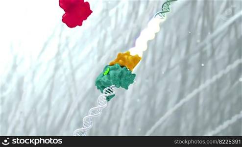 3d molecule of DNA consists of the collapsing of moving particles. Destroyed structure. Nanotechnology. 3D Illustration. 3d molecule of DNA consists of the collapsing of moving particles.